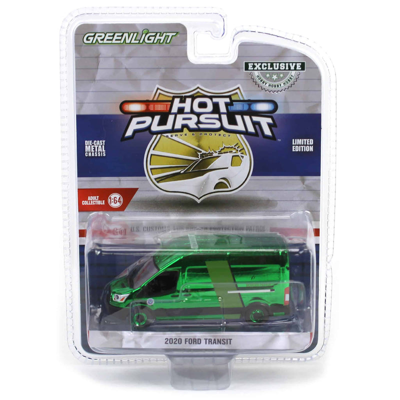 Green Chrome Super Chase ~ 1/64 2020 Ford Transit LWB High Roof, US Customs & Border Patrol, Hot Pursuit Special Edition