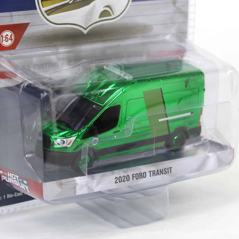 Green Chrome Super Chase ~ 1/64 2020 Ford Transit LWB High Roof, US Customs & Border Patrol, Hot Pursuit Special Edition