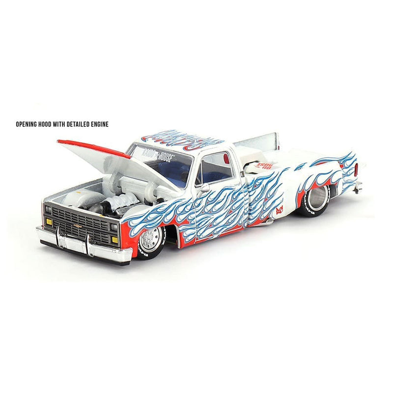 SEALED 1/64 Chevrolet Silverado Dually on Fire V2, White Flames, Kaido House x Mini GT - Chance for Raw Chase Unit