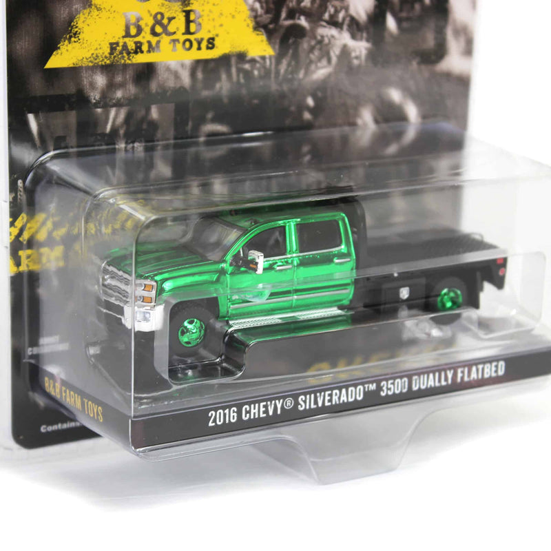 Green Chrome Chase Unit ~ 1/64 2016 Chevrolet Silverado 3500 Flatbed Dually, White, B&B Toys Exclusive