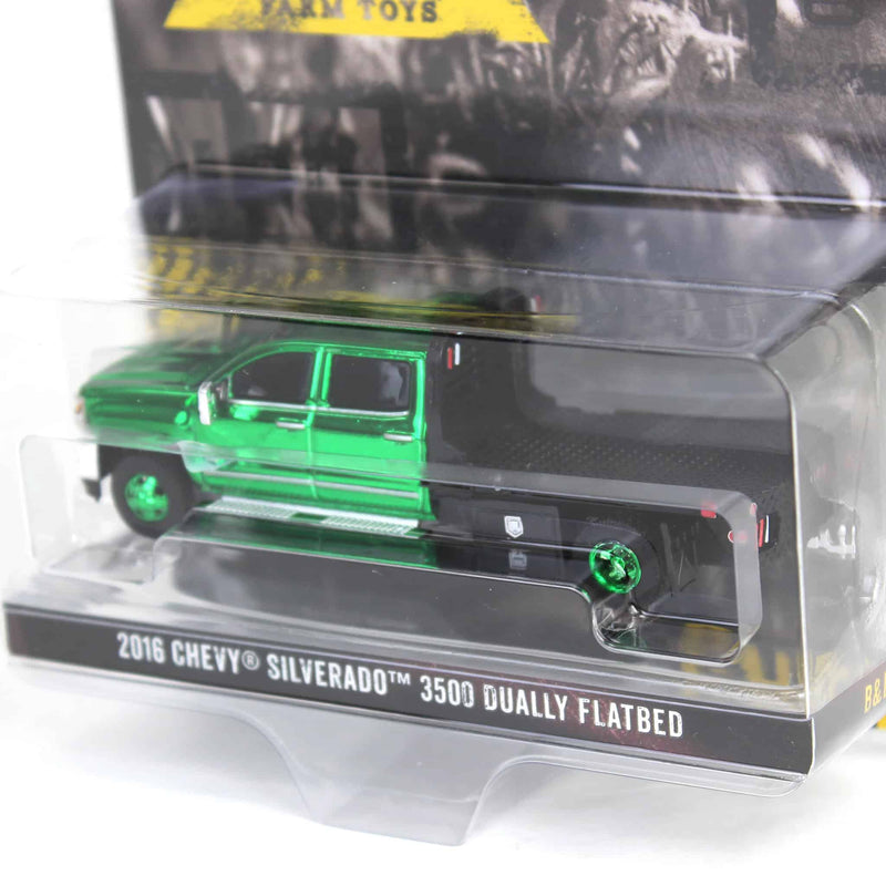 Green Chrome Chase Unit ~ 1/64 2016 Chevrolet Silverado 3500 Flatbed Dually, White, B&B Toys Exclusive