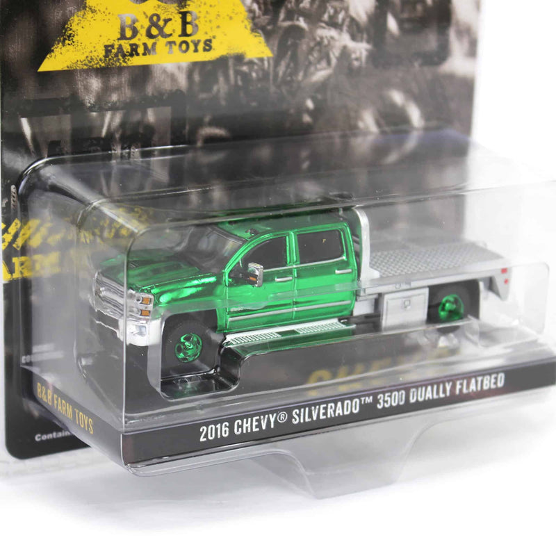 Green Chrome Chase Unit ~ 1/64 2016 Chevrolet Silverado 3500 Flatbed Dually, Blue, B&B Toys Exclusive