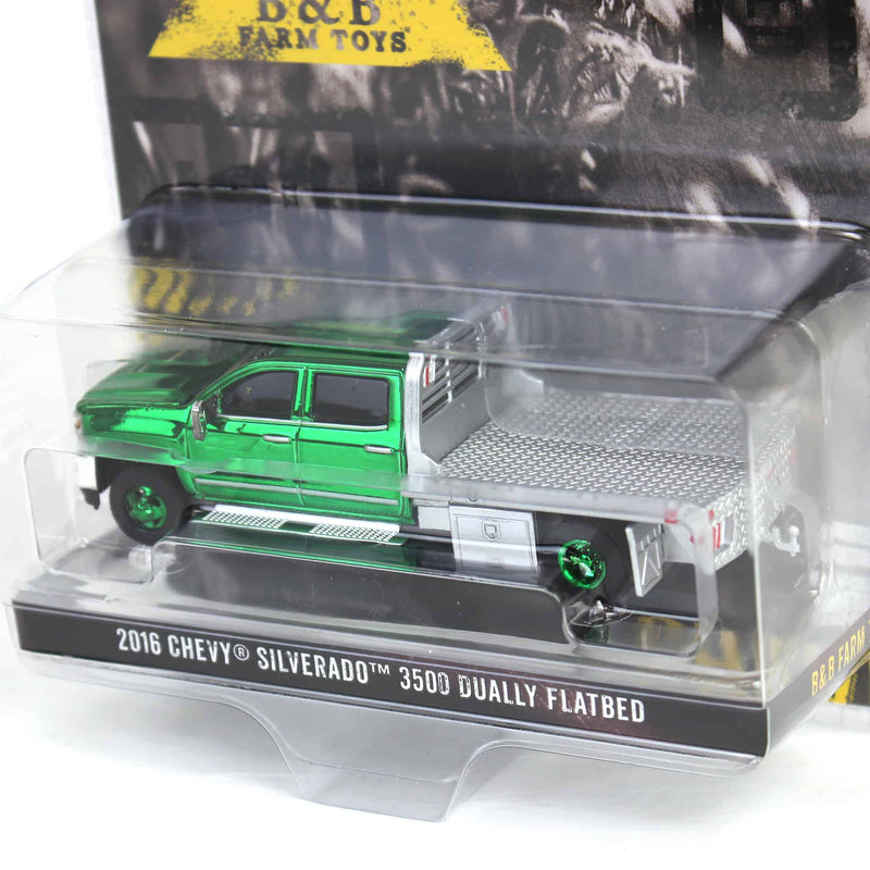 Green Chrome Chase Unit ~ 1/64 2016 Chevrolet Silverado 3500 Flatbed Dually, Blue, B&B Toys Exclusive