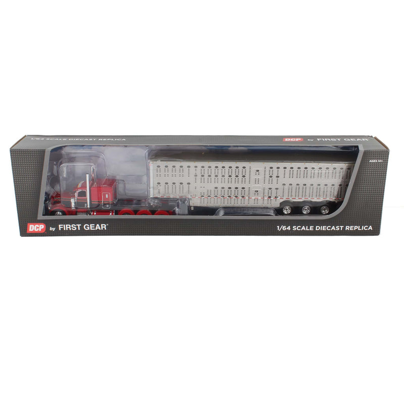 1/64 Red and Black Peterbilt 389 with Wilson Quad 4 Axle Livestock Trailer, DCP by First Gear