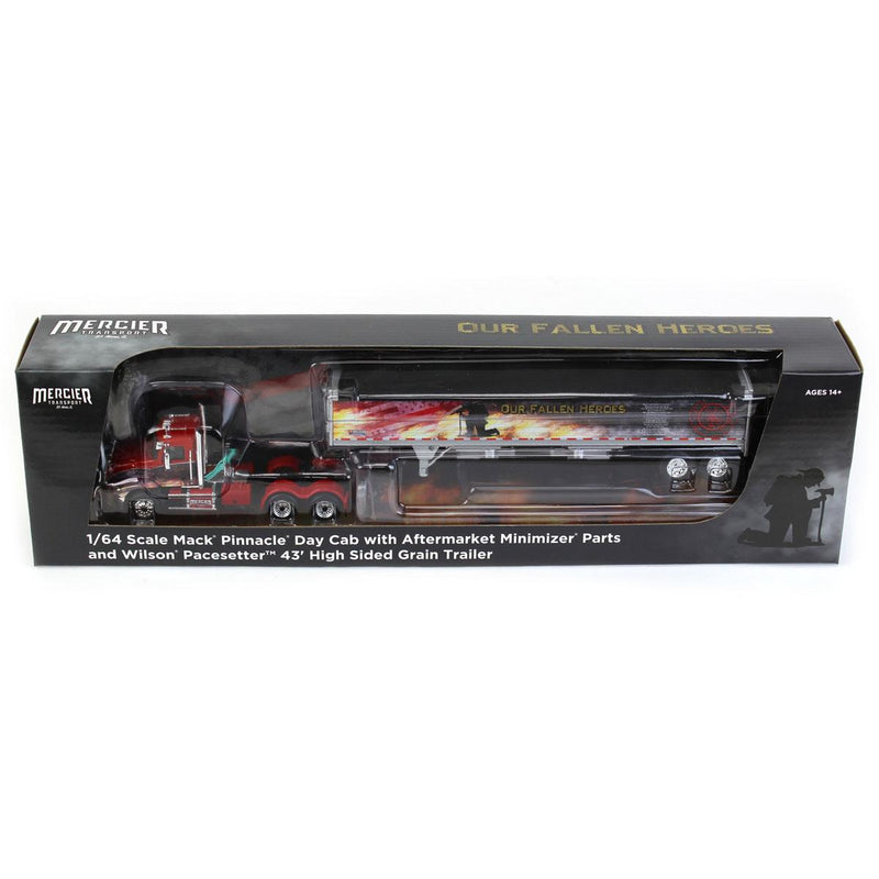 (B&D) 1/64 Mack Pinnacle Semi Truck with Wilson Pacesetter Grain Trailer, Mercier Transport - Our Fallen Heroes, DCP by First Gear - Damaged Item