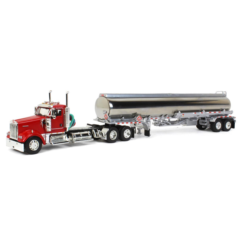 1/64 Kenworth W900L Semi Truck with Chrome Heil Fuel Trailer, Red, DCP by First Gear