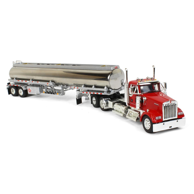 1/64 Kenworth W900L Semi Truck with Chrome Heil Fuel Trailer, Red, DCP by First Gear
