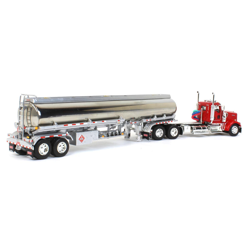 1/64 Kenworth W900L Semi Truck with Chrome Heil Fuel Trailer, Red, DCP by First Gear