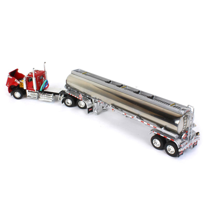1/64 Kenworth W900L Semi Truck with Chrome Heil Fuel Trailer, Red, DCP by First Gear