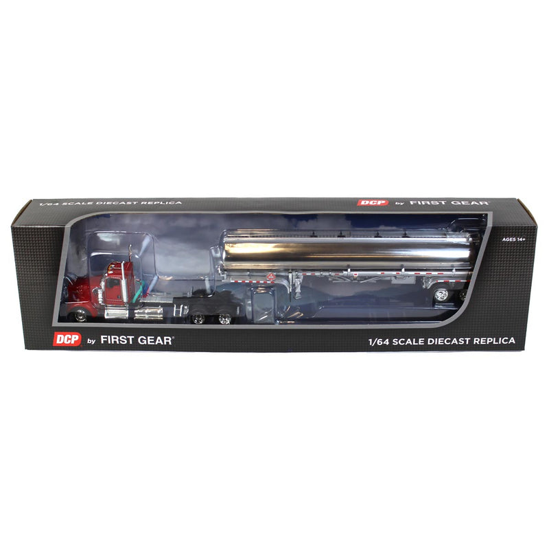 1/64 Kenworth W900L Semi Truck with Chrome Heil Fuel Trailer, Red, DCP by First Gear