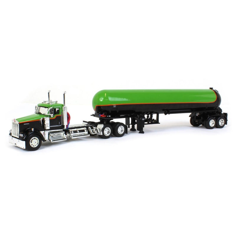 1/64 Kenworth W900L Semi Truck with Anhydrous Tank Trailer, Black/Green, DCP by First Gear