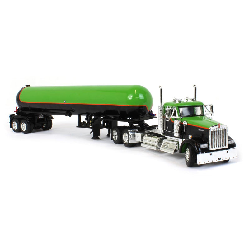 1/64 Kenworth W900L Semi Truck with Anhydrous Tank Trailer, Black/Green, DCP by First Gear