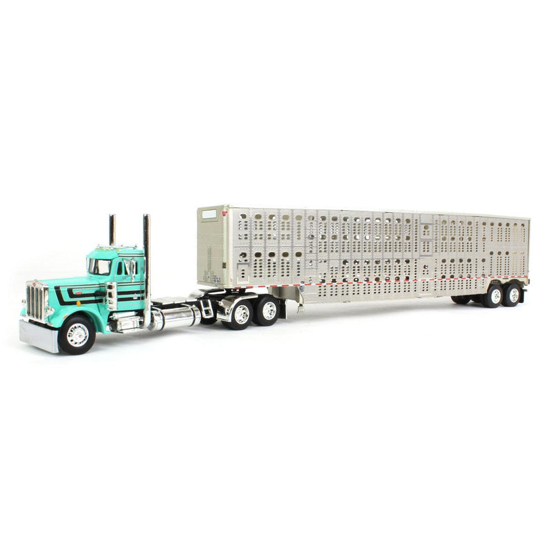 1/64 Peterbilt 359 Day Cab Semi Truck with Wilson Silverstar Livestock Trailer, Teal & Black, DCP by First Gear