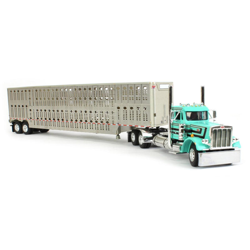 1/64 Peterbilt 359 Day Cab Semi Truck with Wilson Silverstar Livestock Trailer, Teal & Black, DCP by First Gear