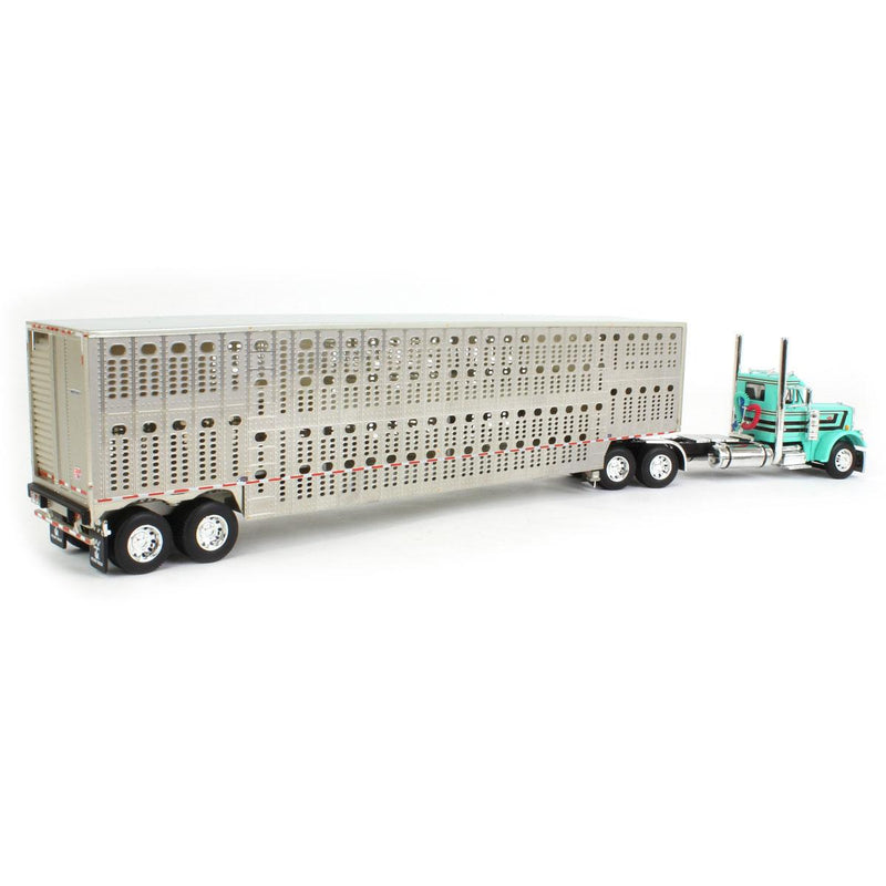 1/64 Peterbilt 359 Day Cab Semi Truck with Wilson Silverstar Livestock Trailer, Teal & Black, DCP by First Gear
