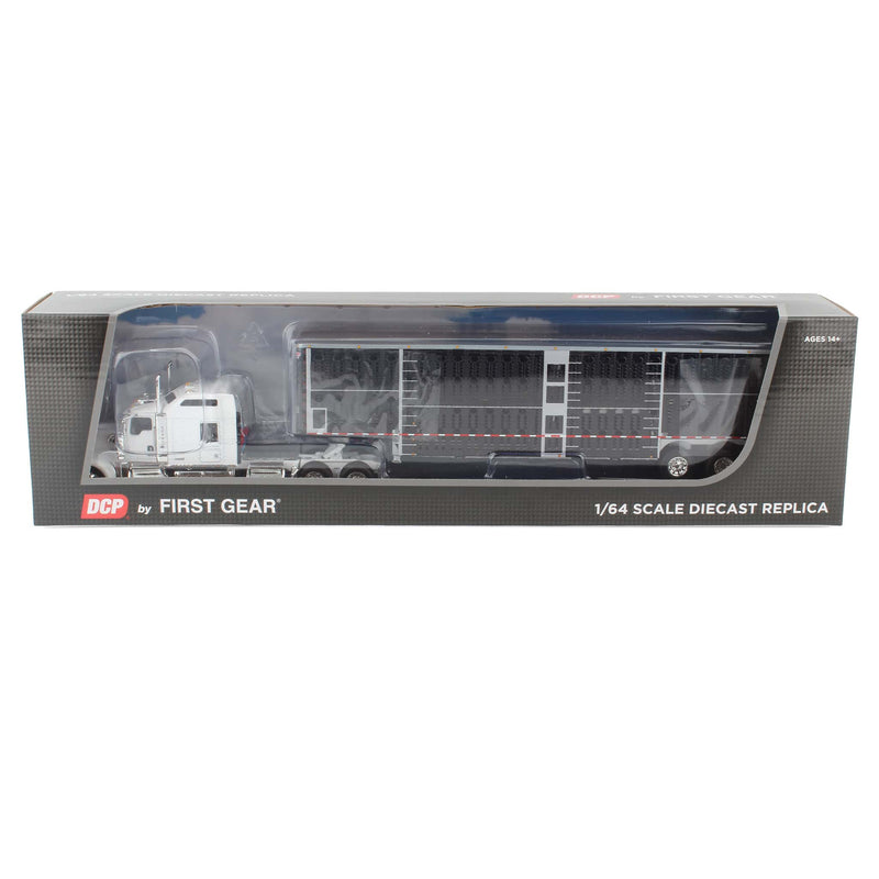 1/64 White Kenworth W900L Studio Sleeper w/ Tri-Axle Wilson Silverstar Livestock Trailer, DCP by First Gear