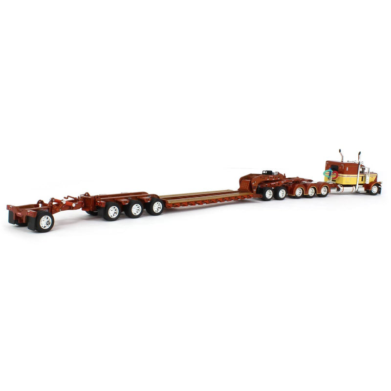1/64 Amber & Tan Peterbilt 389 Semi Truck with Fontaine Magnitude Tri-axle Lowboy, Jeep, & Stinger, DCP by First Gear
