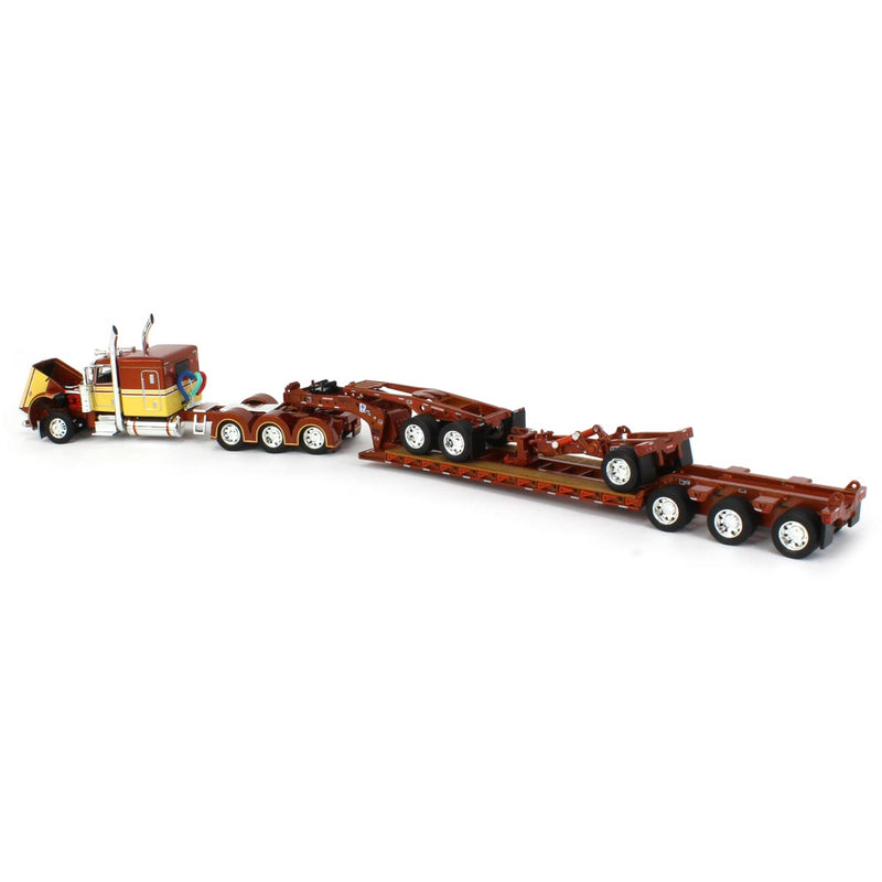 1/64 Amber & Tan Peterbilt 389 Semi Truck with Fontaine Magnitude Tri-axle Lowboy, Jeep, & Stinger, DCP by First Gear