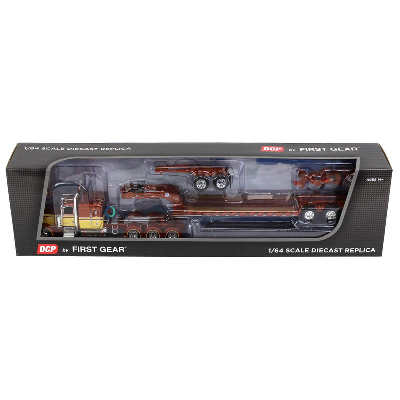 1/64 Amber & Tan Peterbilt 389 Semi Truck with Fontaine Magnitude Tri-axle Lowboy, Jeep, & Stinger, DCP by First Gear