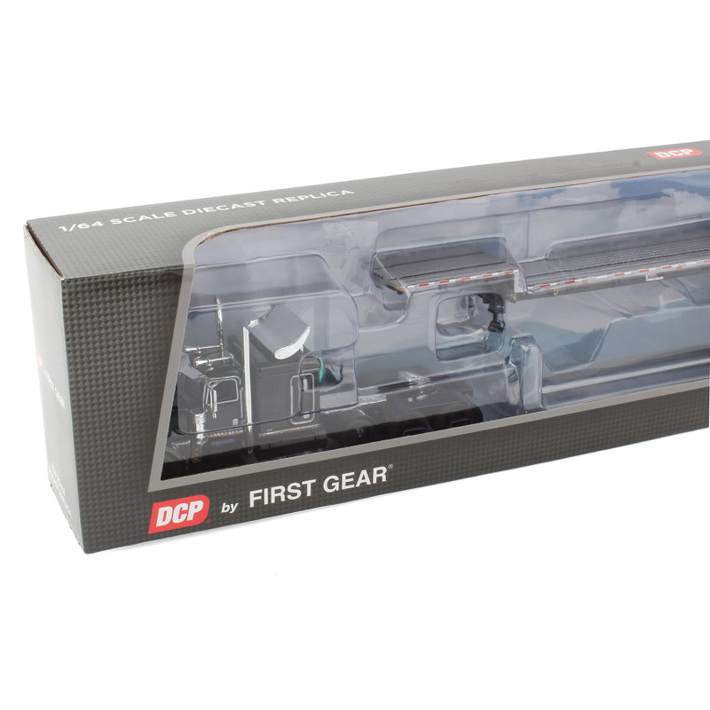 1/64 Black & Chrome Tri-Axle Peterbilt 389 Sleeper with Transcraft Step Deck Trailer, DCP by First Gear