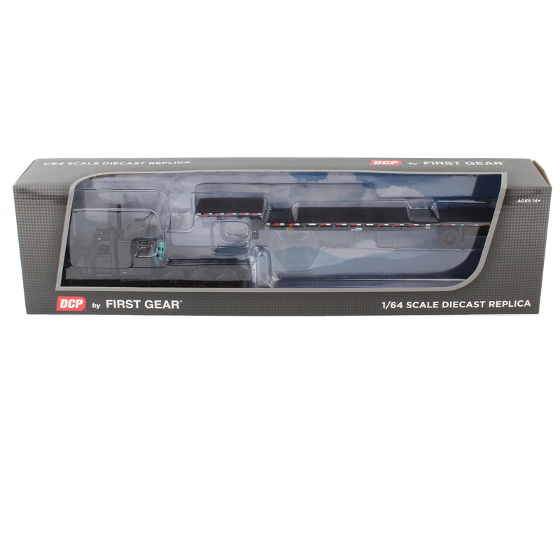 1/64 Black on Black Tri-Axle Peterbilt 389 Sleeper with Transcraft Step Deck Trailer, DCP by First Gear