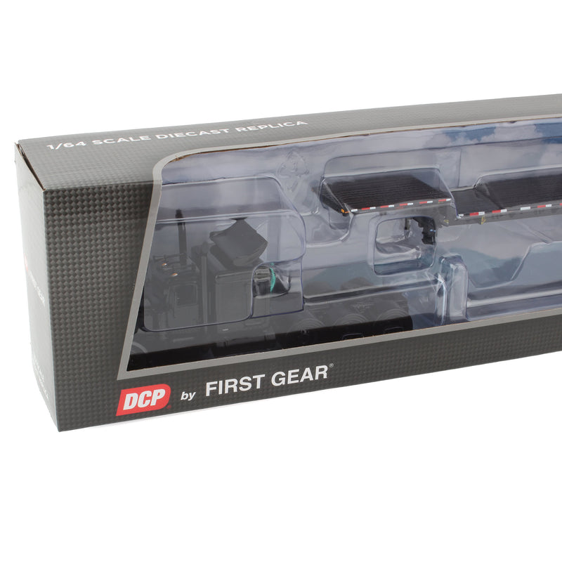 1/64 Black on Black Tri-Axle Peterbilt 389 Sleeper with Transcraft Step Deck Trailer, DCP by First Gear