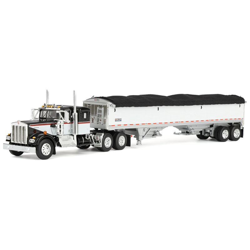 1/64 Black & White Kenworth W900A Semi Truck with 36in Sleeper & White 42ft Grain Trailer, DCP by First Gear