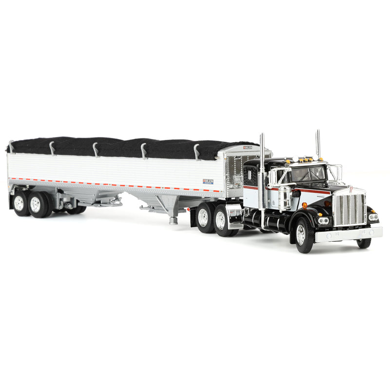 1/64 Black & White Kenworth W900A Semi Truck with 36in Sleeper & White 42ft Grain Trailer, DCP by First Gear