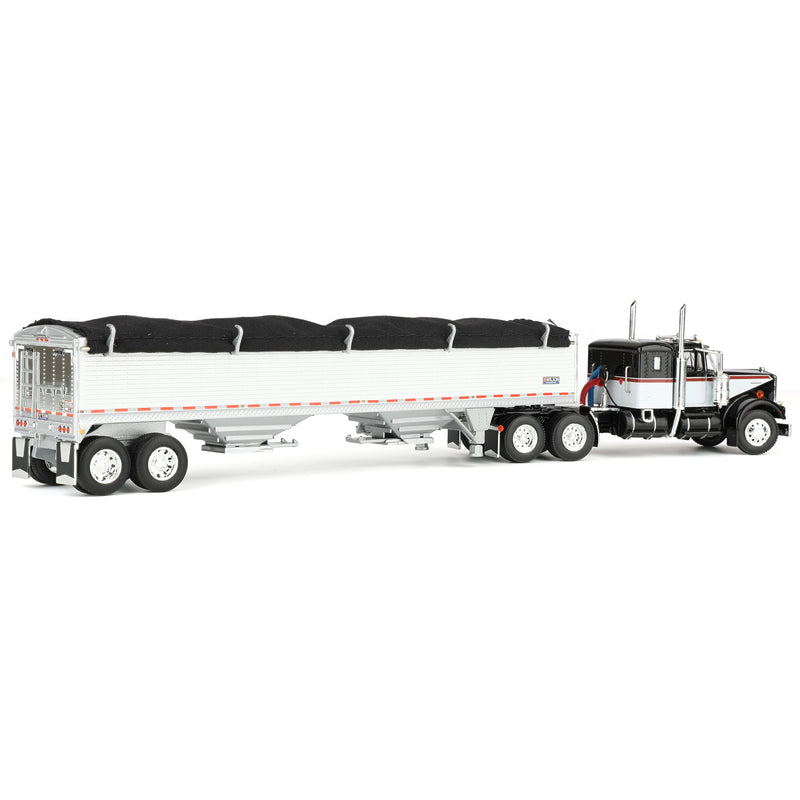 1/64 Black & White Kenworth W900A Semi Truck with 36in Sleeper & White 42ft Grain Trailer, DCP by First Gear