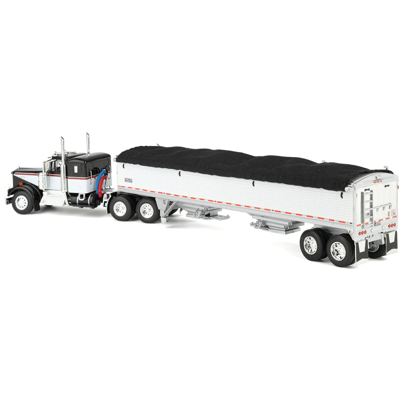 1/64 Black & White Kenworth W900A Semi Truck with 36in Sleeper & White 42ft Grain Trailer, DCP by First Gear