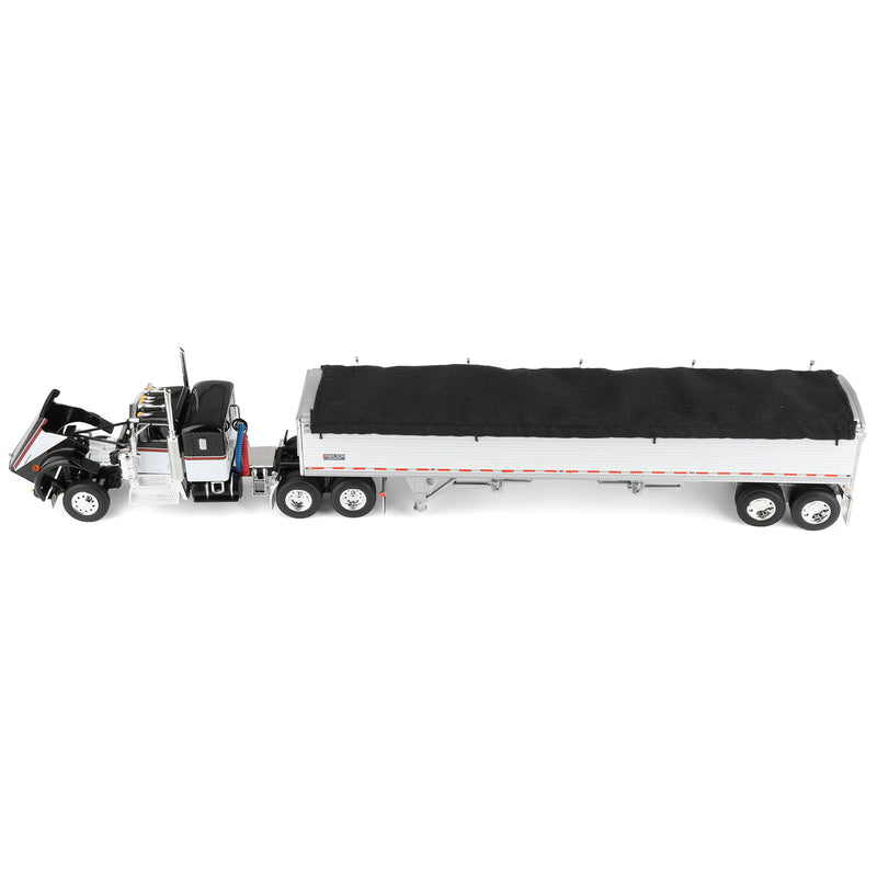 1/64 Black & White Kenworth W900A Semi Truck with 36in Sleeper & White 42ft Grain Trailer, DCP by First Gear