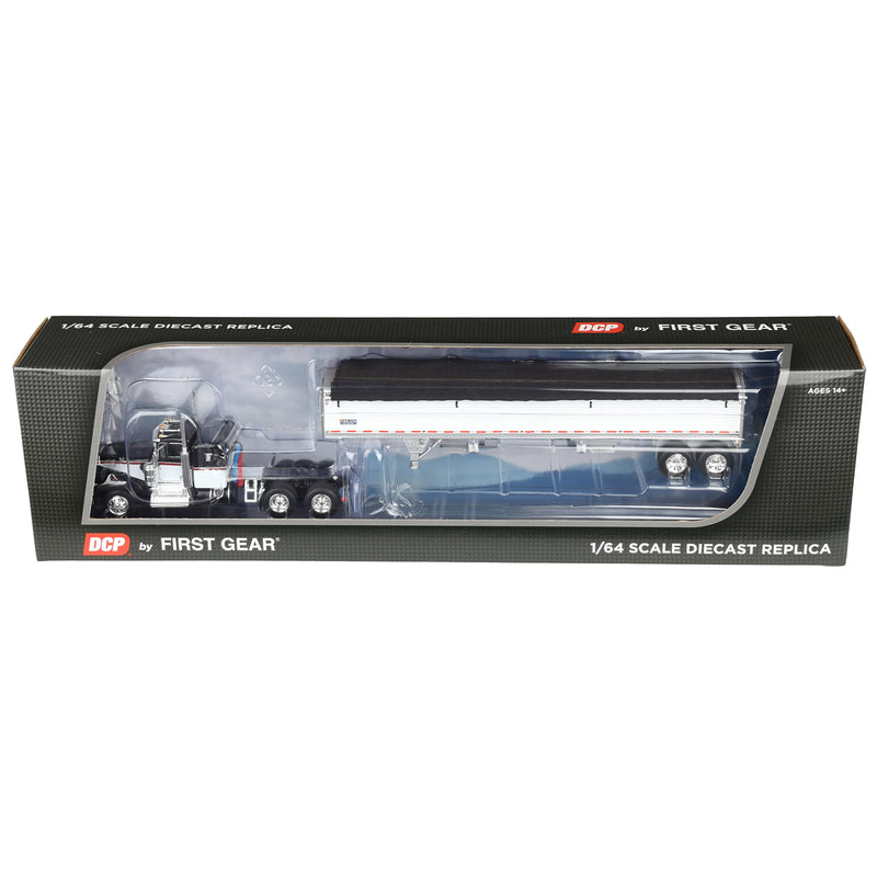 1/64 Black & White Kenworth W900A Semi Truck with 36in Sleeper & White 42ft Grain Trailer, DCP by First Gear
