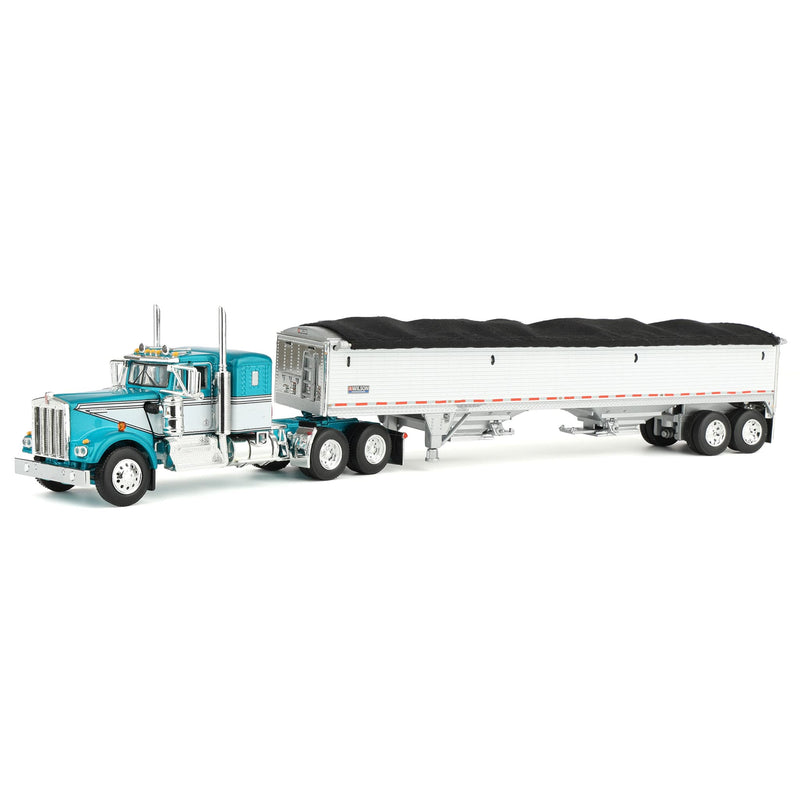 1/64 Turquoise/White Kenworth W900A Semi Truck with 36in Sleeper Cab & White 42ft Grain Trailer, DCP by First Gear
