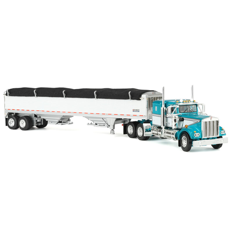 1/64 Turquoise/White Kenworth W900A Semi Truck with 36in Sleeper Cab & White 42ft Grain Trailer, DCP by First Gear
