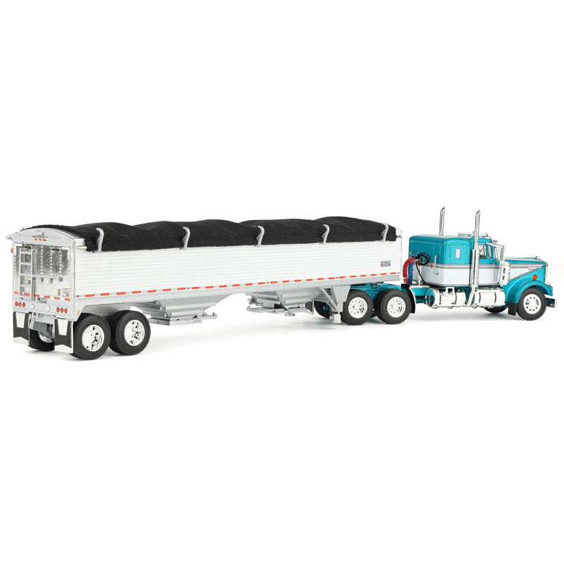 1/64 Turquoise/White Kenworth W900A Semi Truck with 36in Sleeper Cab & White 42ft Grain Trailer, DCP by First Gear