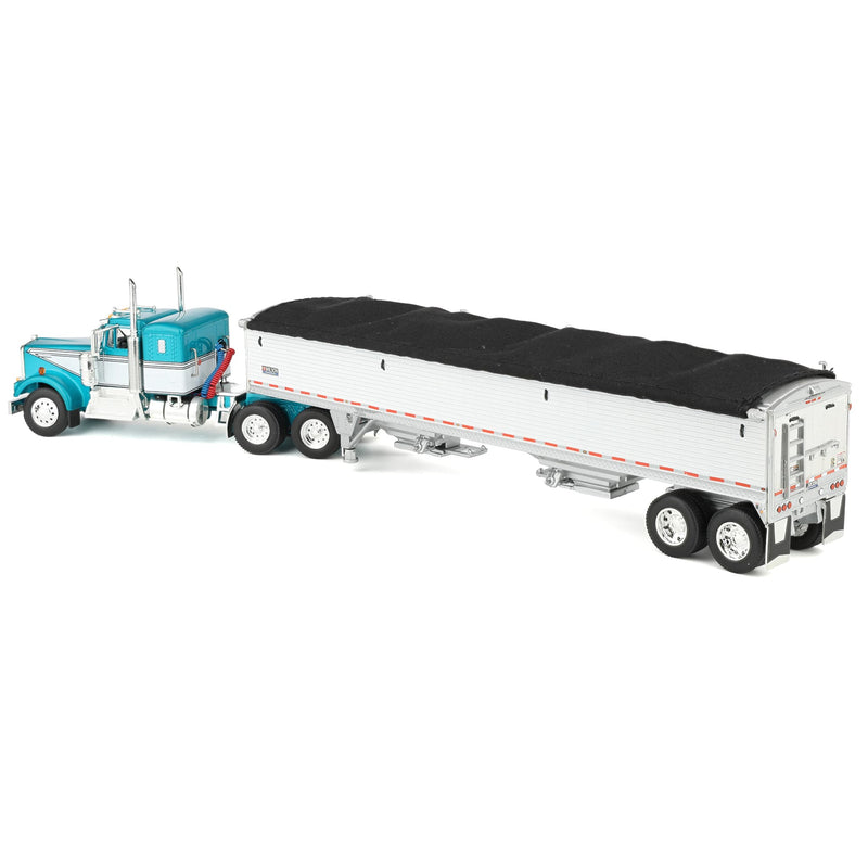 1/64 Turquoise/White Kenworth W900A Semi Truck with 36in Sleeper Cab & White 42ft Grain Trailer, DCP by First Gear