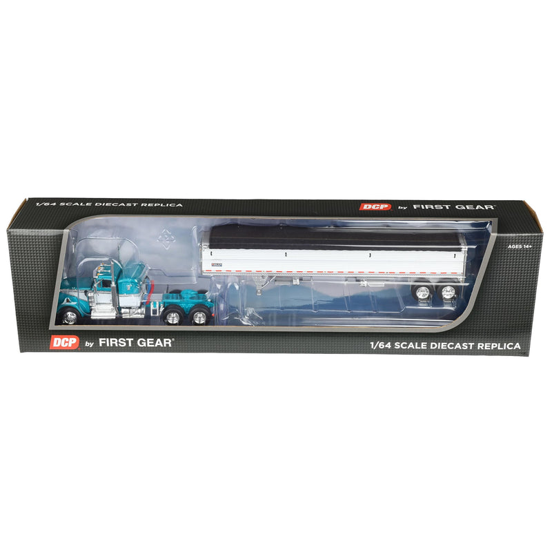 1/64 Turquoise/White Kenworth W900A Semi Truck with 36in Sleeper Cab & White 42ft Grain Trailer, DCP by First Gear