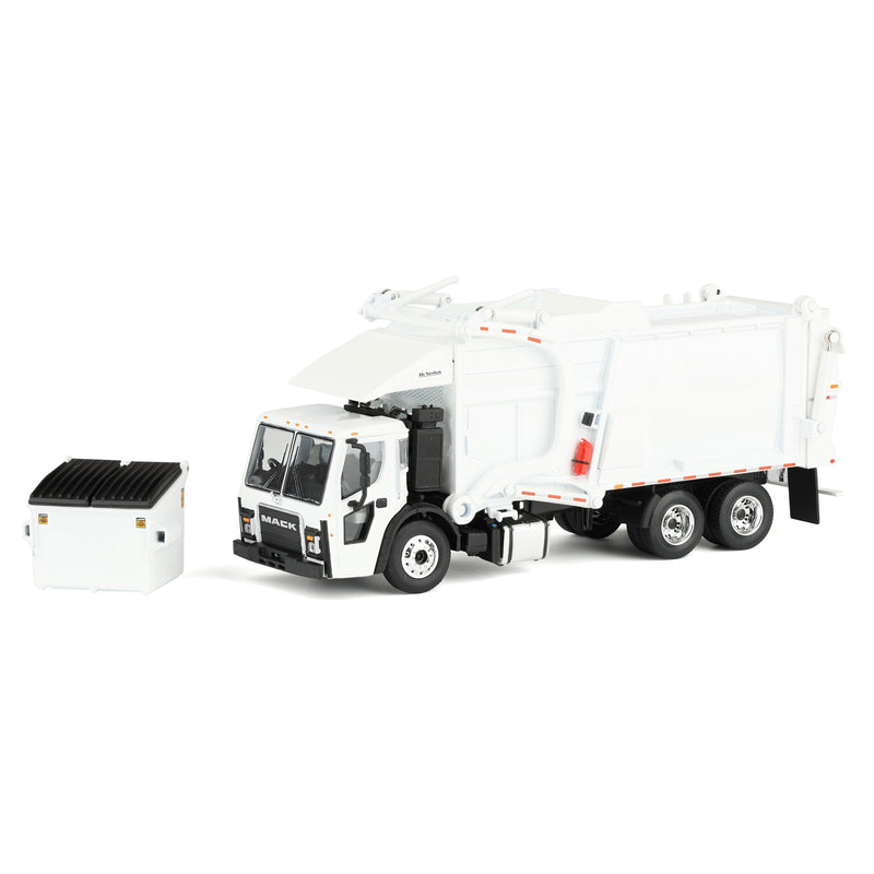 1/64 White Mack LR Truck with McNeilus Meridian FEL Refuse Body & Refuse Bin, DCP by First Gear