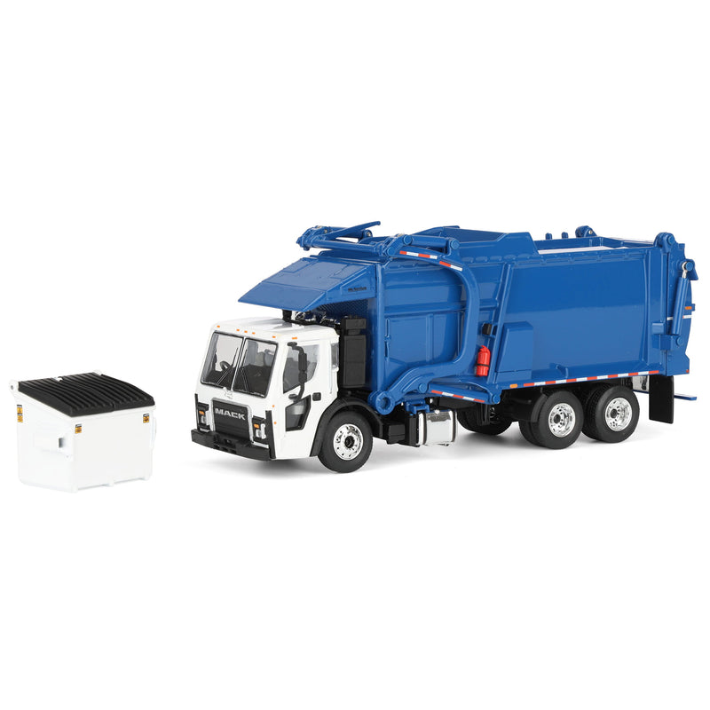 1/64 White/Blue Mack LR Truck with McNeilus Meridian FEL Refuse Body & Refuse Bin, DCP by First Gear