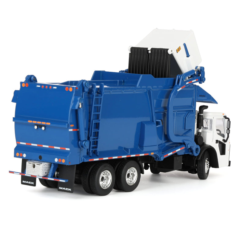 1/64 White/Blue Mack LR Truck with McNeilus Meridian FEL Refuse Body & Refuse Bin, DCP by First Gear