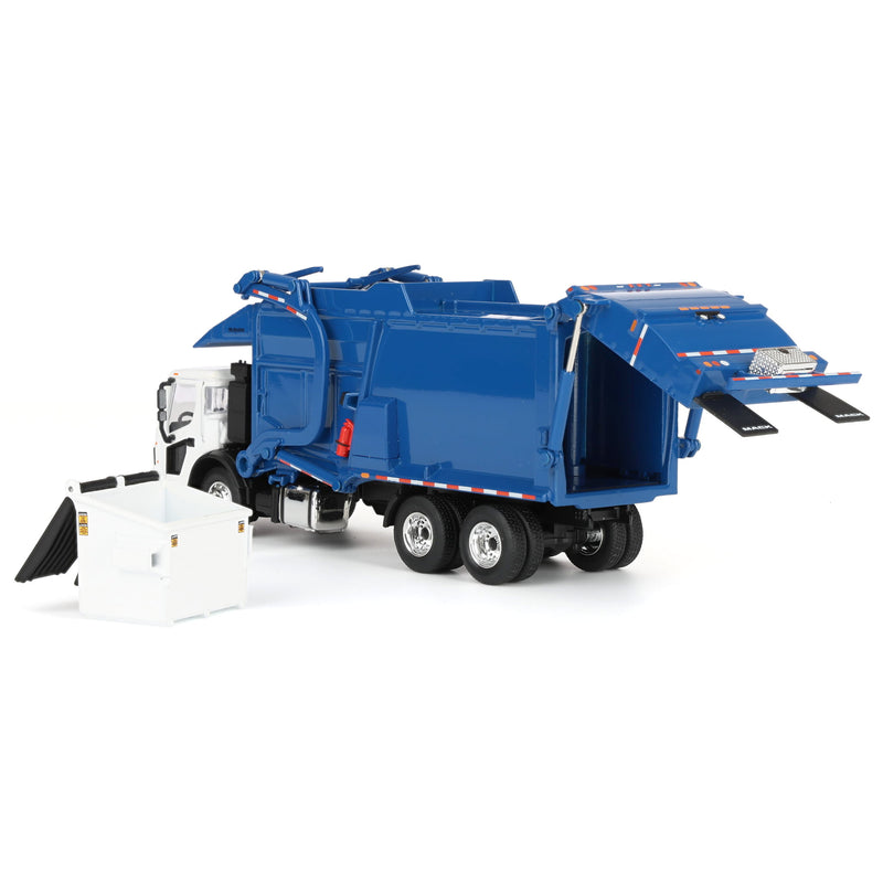 1/64 White/Blue Mack LR Truck with McNeilus Meridian FEL Refuse Body & Refuse Bin, DCP by First Gear