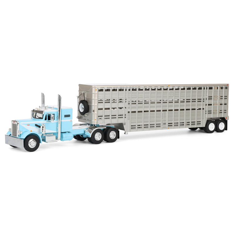 1/64 Peterbilt 351 Semi Truck with 45ft Wilson Vintage Livestock Trailer, Blue/White, DCP by First Gear
