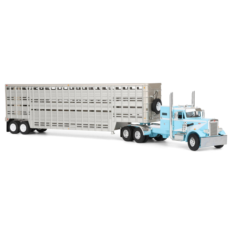 1/64 Peterbilt 351 Semi Truck with 45ft Wilson Vintage Livestock Trailer, Blue/White, DCP by First Gear