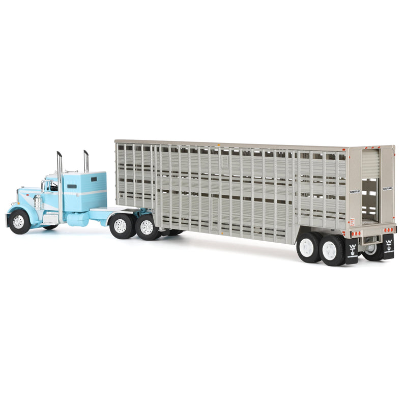 1/64 Peterbilt 351 Semi Truck with 45ft Wilson Vintage Livestock Trailer, Blue/White, DCP by First Gear