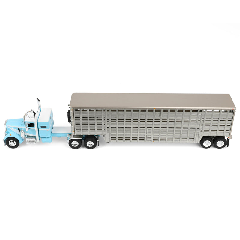 1/64 Peterbilt 351 Semi Truck with 45ft Wilson Vintage Livestock Trailer, Blue/White, DCP by First Gear