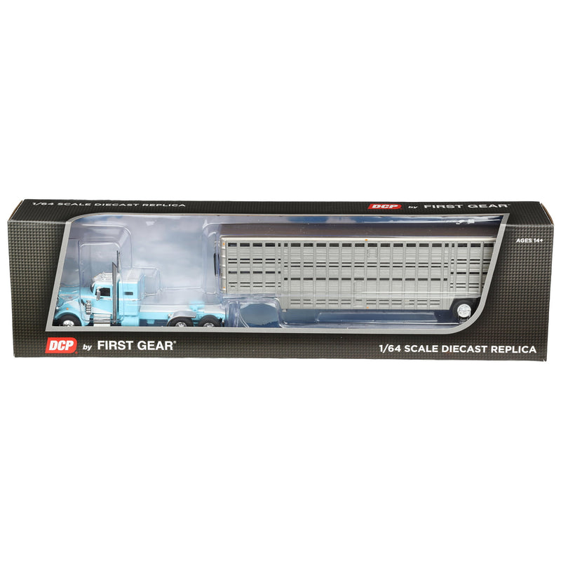 1/64 Peterbilt 351 Semi Truck with 45ft Wilson Vintage Livestock Trailer, Blue/White, DCP by First Gear