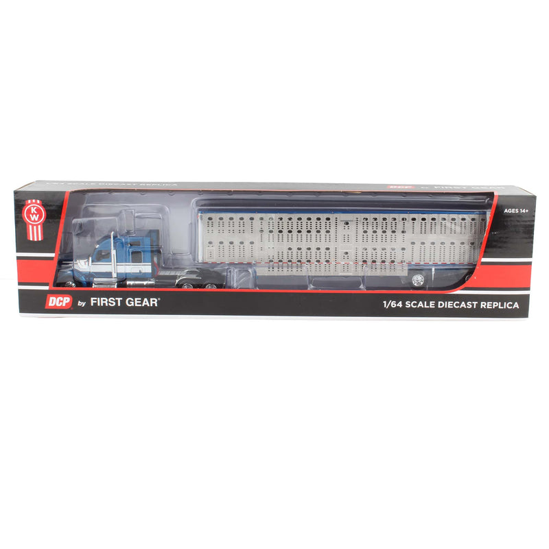 1/64 Blue Metallic Kenworth W990 76in Mid Roof Sleeper w/ Spread Axle Wilson Silver Star Livestock Trailer, DCP by First Gear