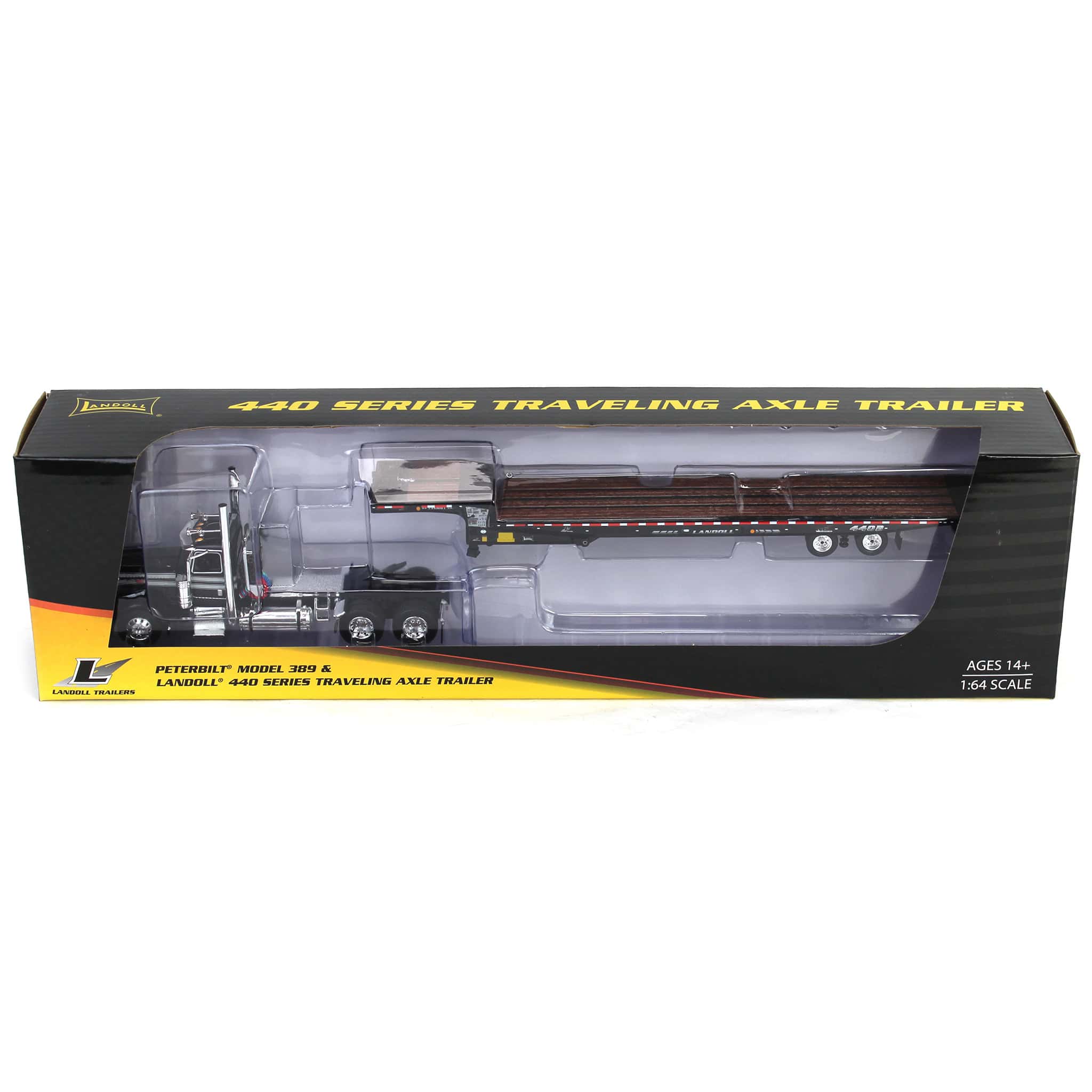 1/64 Black Peterbilt 389 Semi Truck with Landoll 440 Series