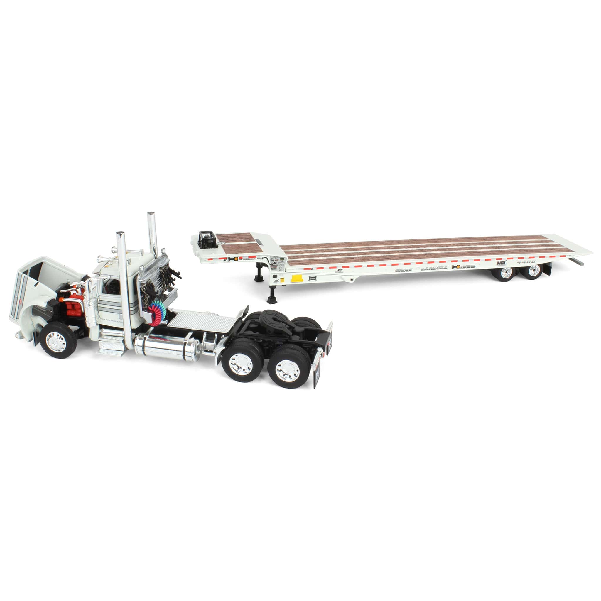 1/64 White Peterbilt 389 with Landoll 440 Series Traveling Axle