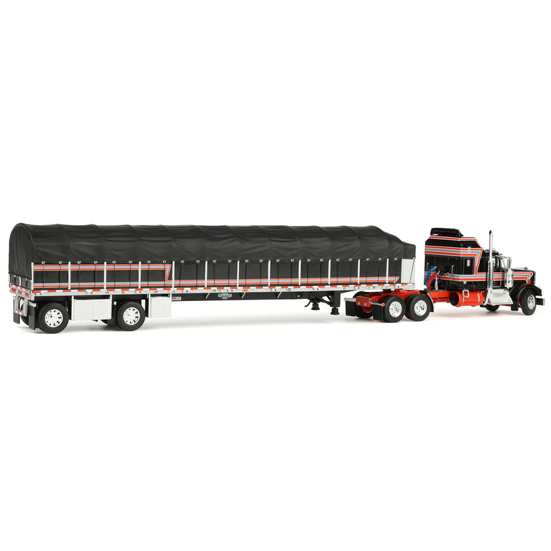 1/64 Kenworth W900A Semi Truck with Wilson Roadbrute Flatbed & Covered Wagon, Black/Red, DCP by First Gear